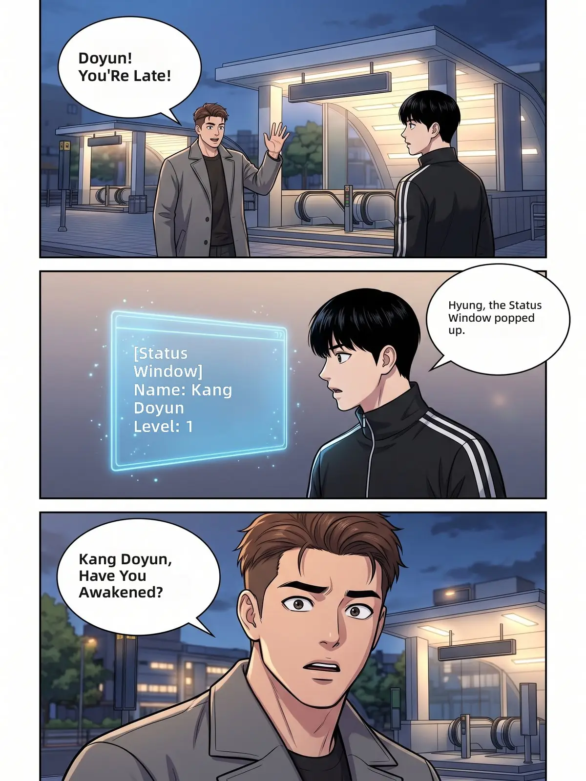 Manhwa page where Minho greets Doyun at a subway station and a status window appears