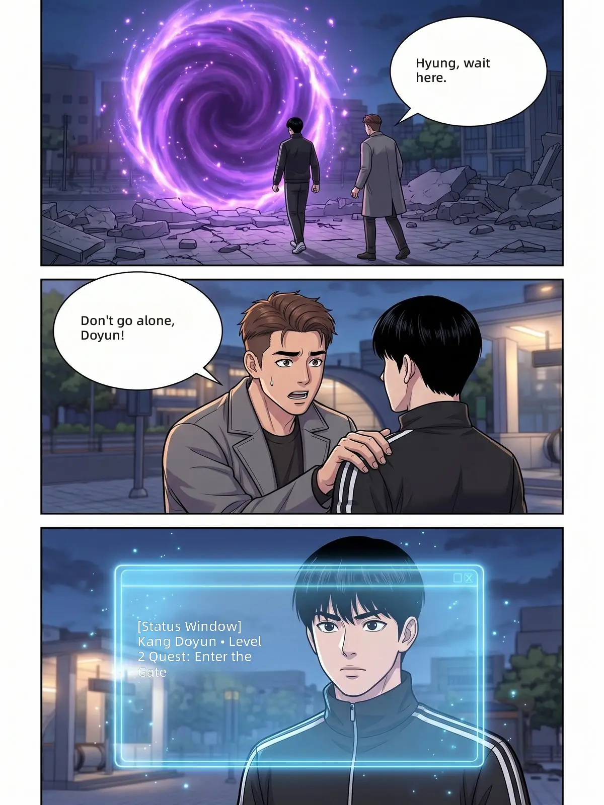 Next manhwa page: Doyun walks toward a purple dungeon gate and Minho stops him