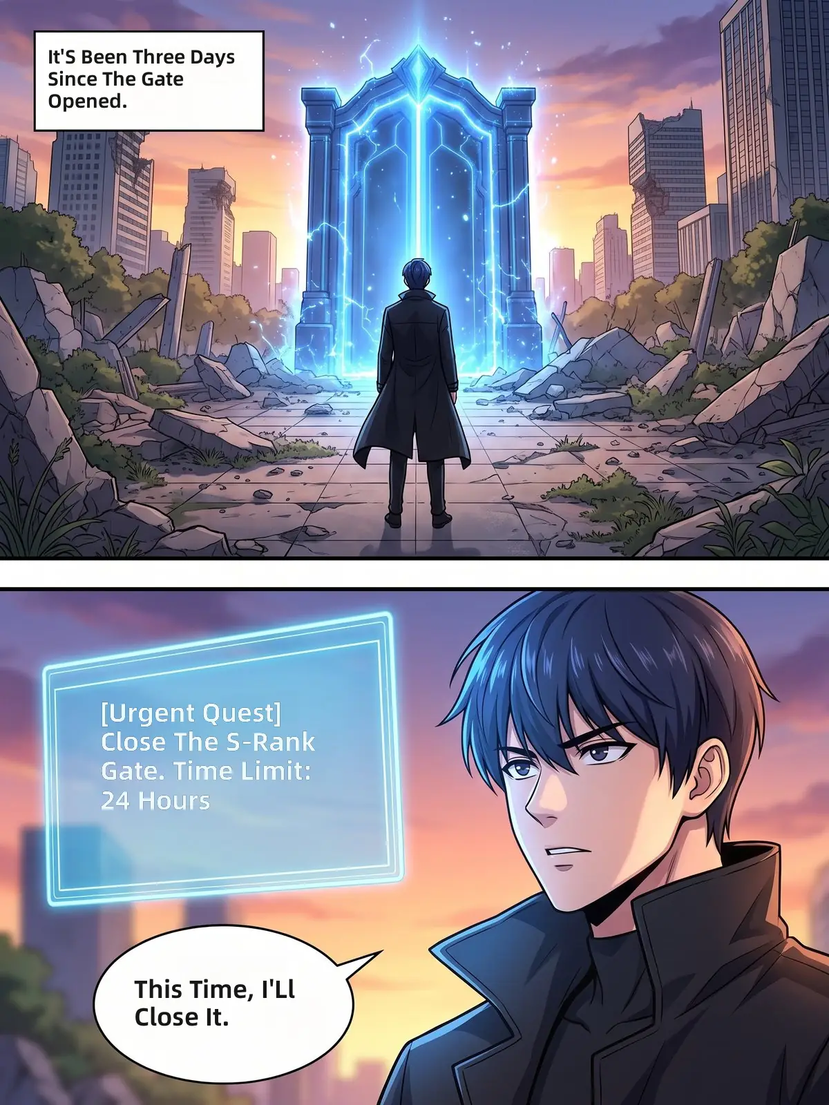 Manhwa page with a narration box, a blue quest window and a speech bubble before a dungeon gate