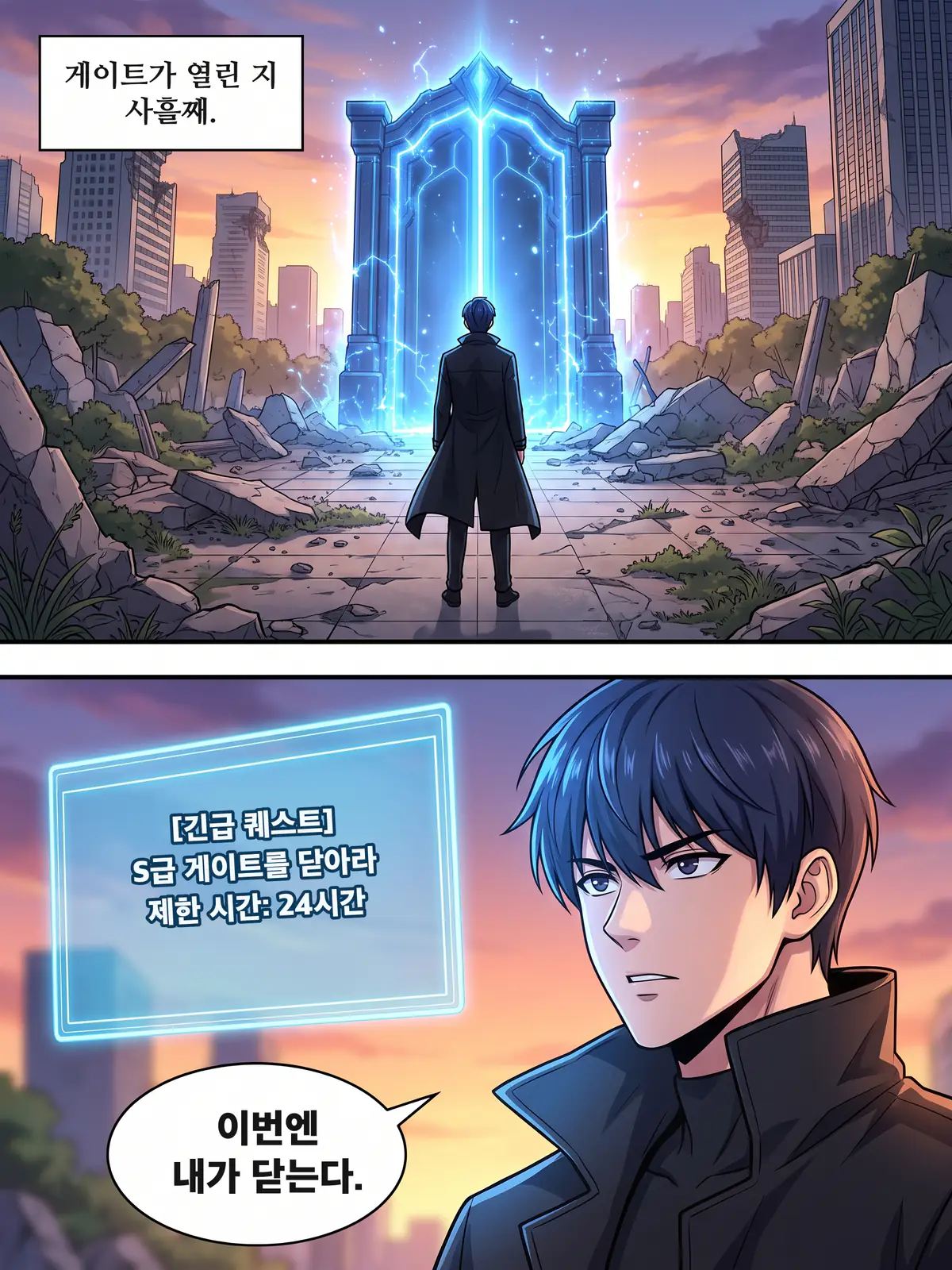 Manhwa page with a narration box, a blue quest window and a speech bubble before a dungeon gate