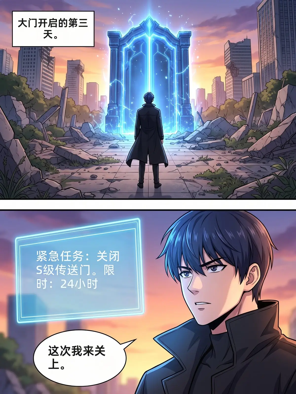 韩漫页面：旁白框、蓝色任务窗口和对白框，背景是地下城之门