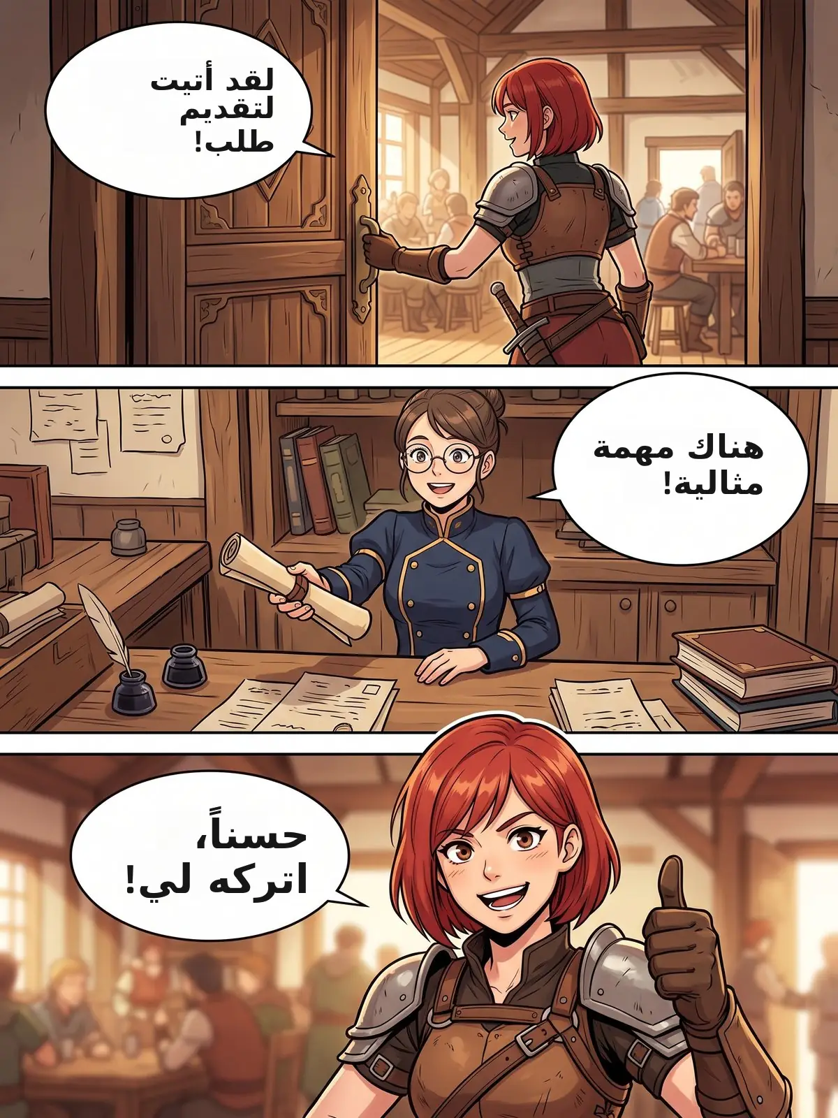 Fantasy manhwa page: an adventurer takes a quest from a guild receptionist