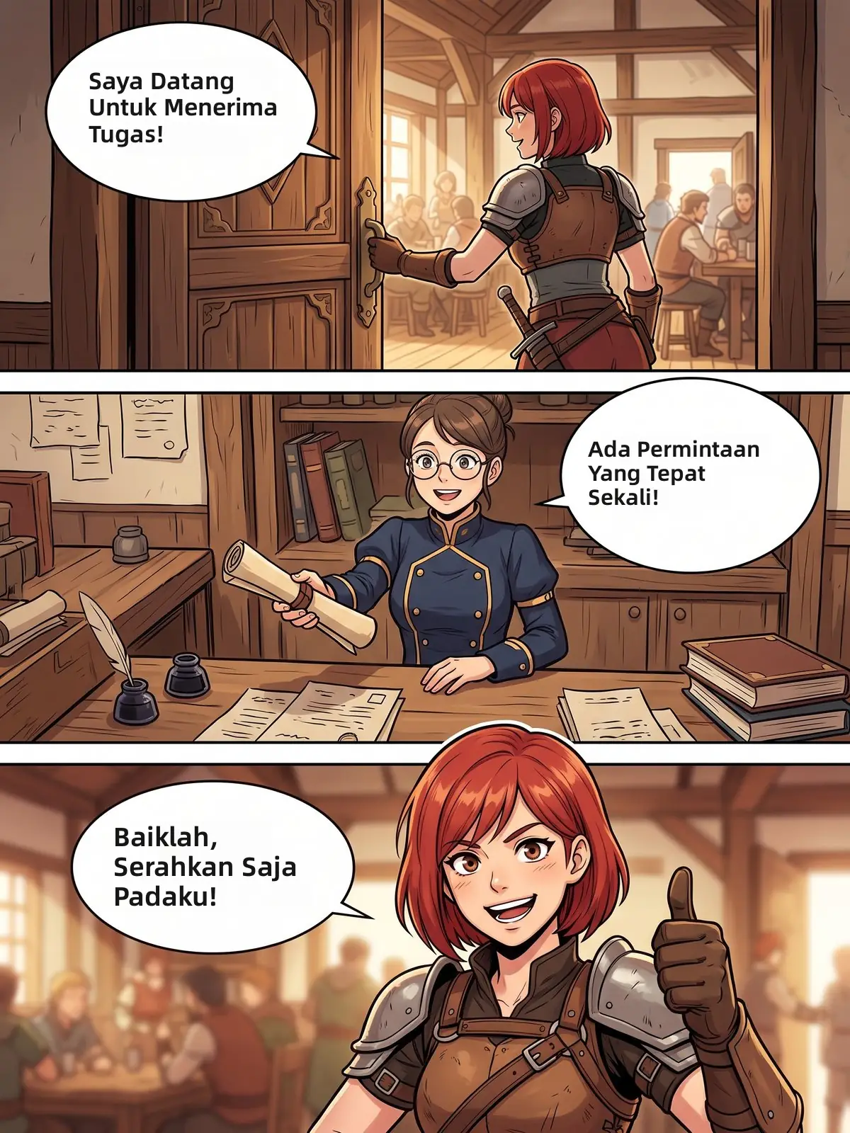 Fantasy manhwa page: an adventurer takes a quest from a guild receptionist
