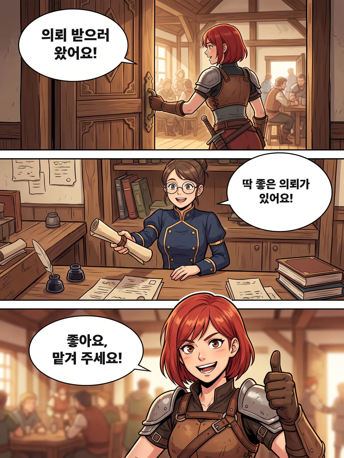 Fantasy manhwa page: an adventurer takes a quest from a guild receptionist