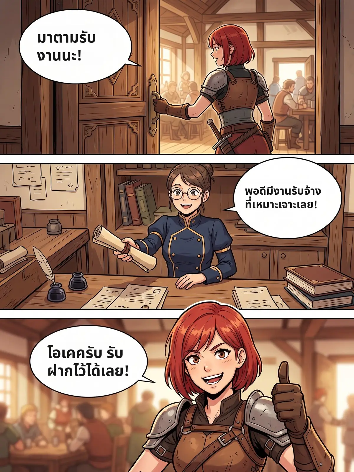 Fantasy manhwa page: an adventurer takes a quest from a guild receptionist