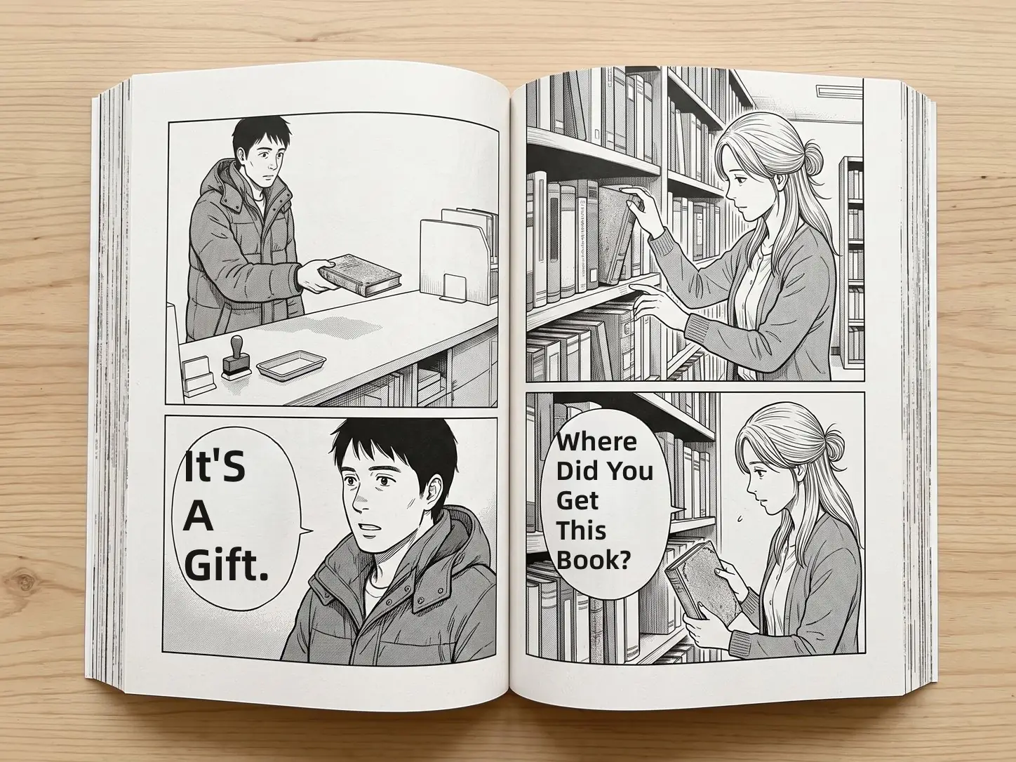 Open Japanese manga volume on a desk: a librarian and a visitor talk in vertical Japanese speech bubbles