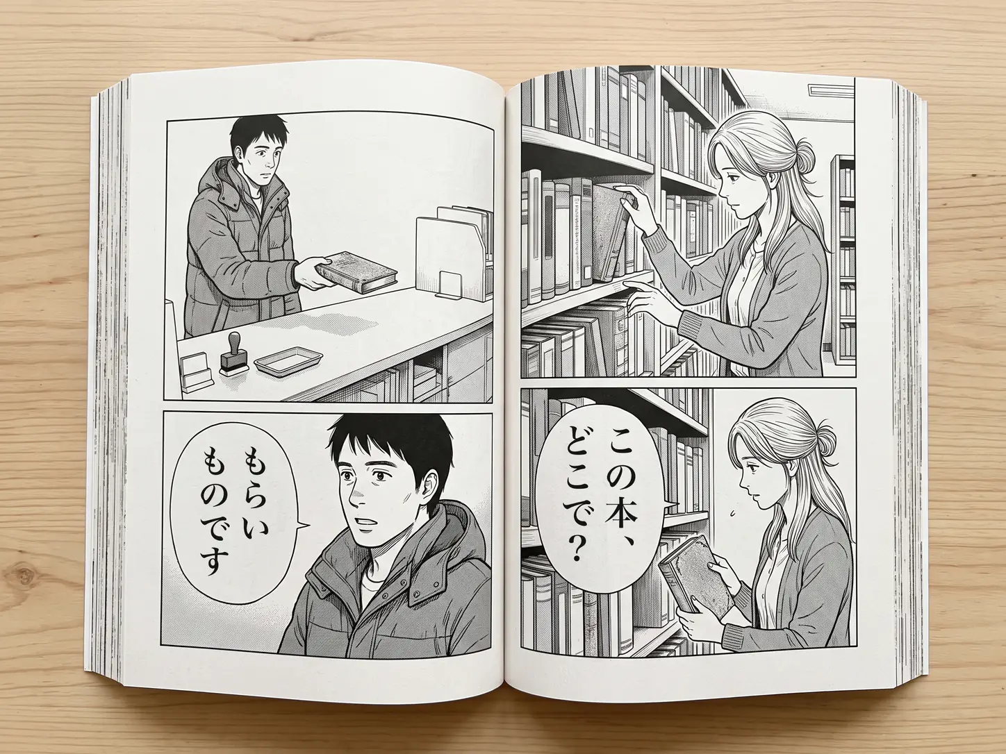 Open Japanese manga volume on a desk: a librarian and a visitor talk in vertical Japanese speech bubbles