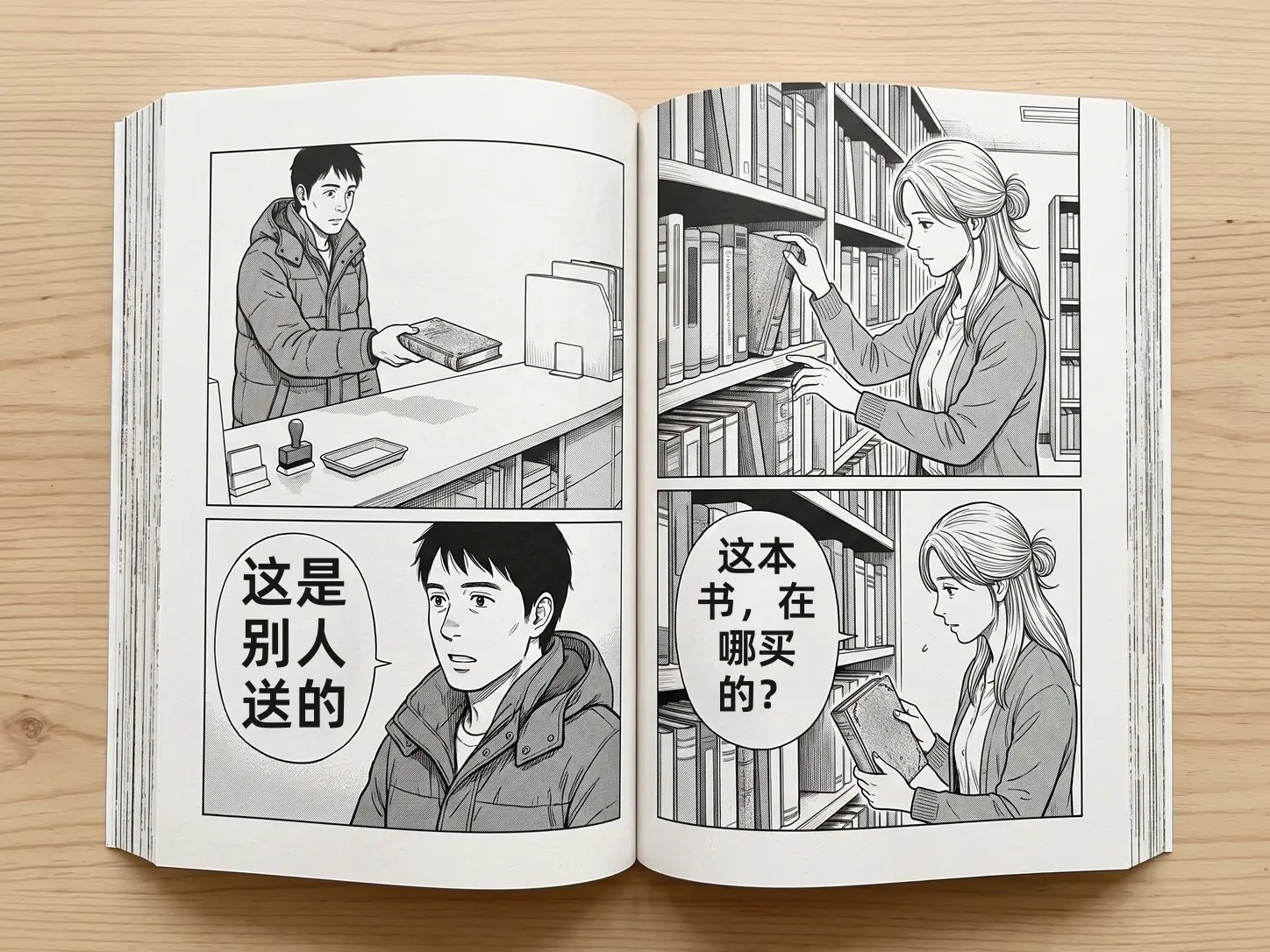 桌上摊开的日文漫画单行本：图书管理员和来访者用竖排日文对话