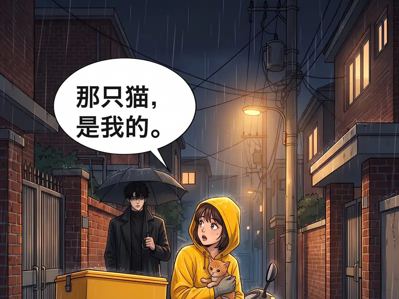 Chinese vertical comic panel with a man holding an umbrella behind the courier