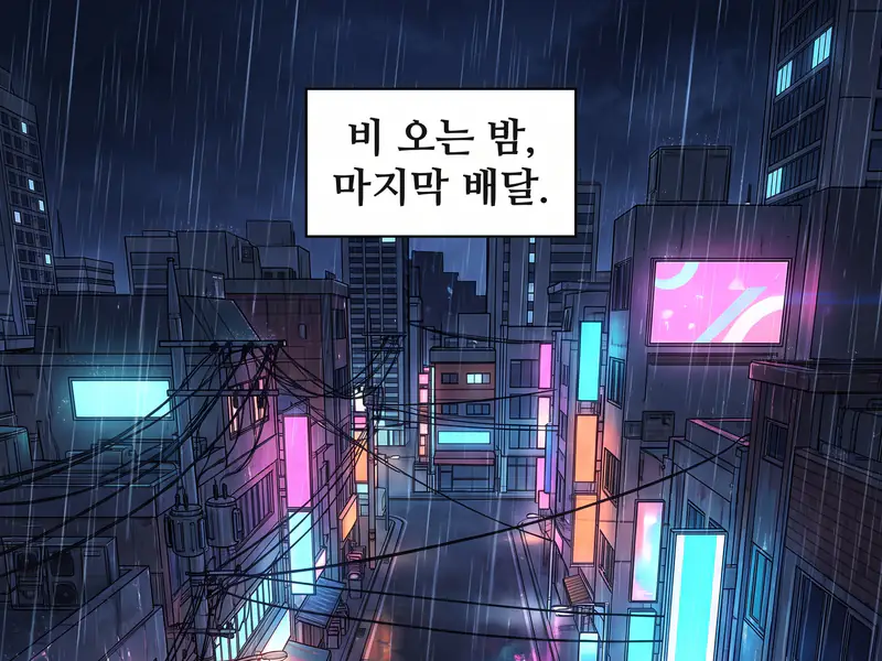 Korean webtoon opening panel of a rainy neon street with a caption box