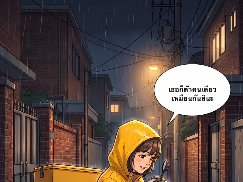Thai webtoon panel of the courier holding a kitten