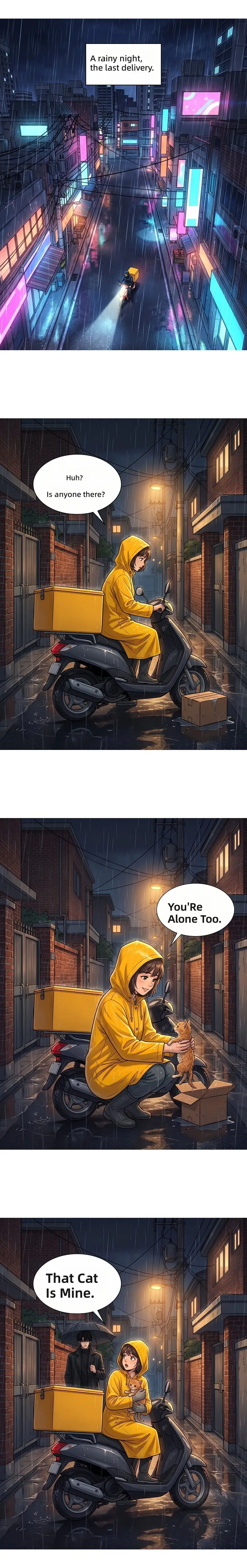 Four-panel webtoon episode about a courier, a stray kitten and a stranger with an umbrella, read as one long strip